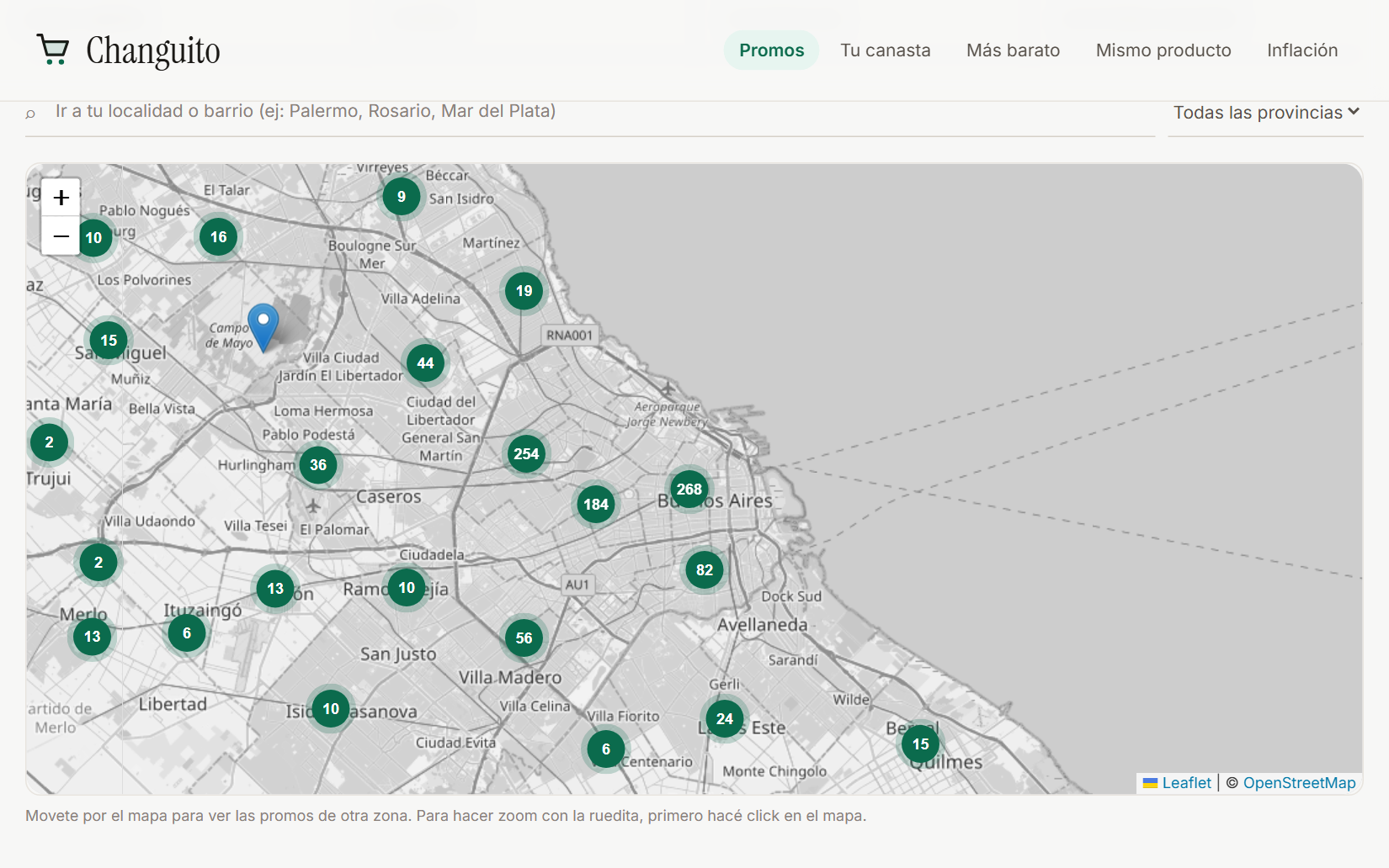 Changuito: mapa del Gran Buenos Aires con la cantidad de promociones vigentes en cada zona y el buscador de localidades